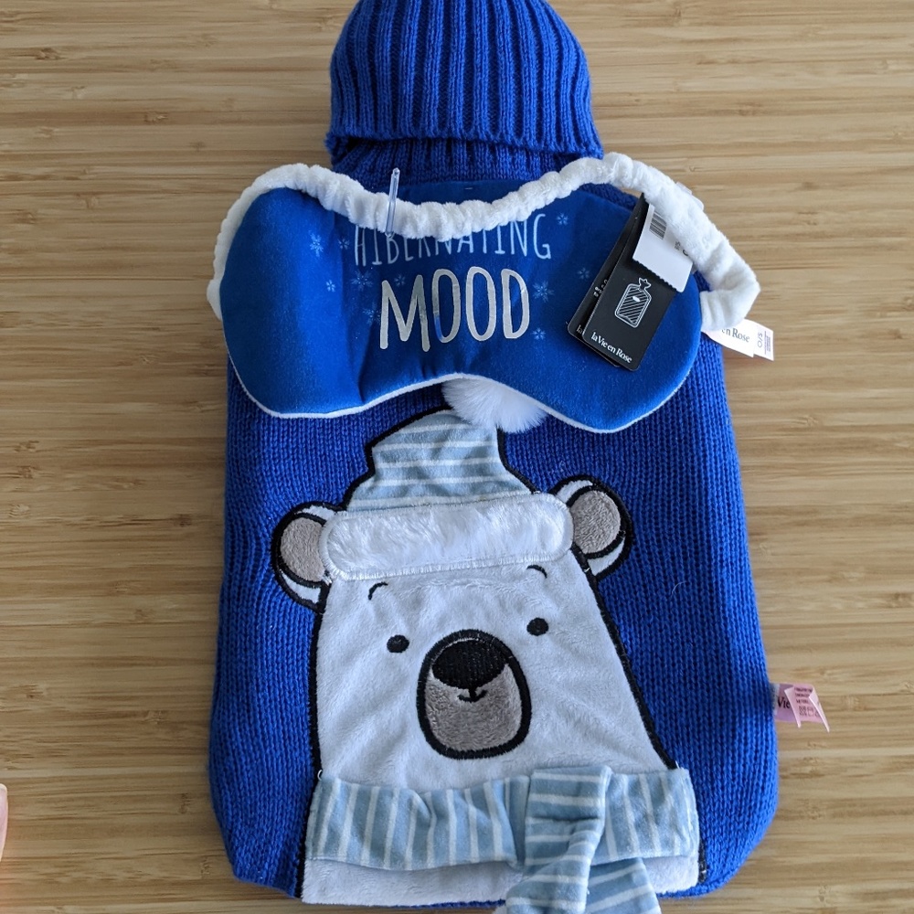 Hot Water Bottle w/ Cozie + Eye Mask